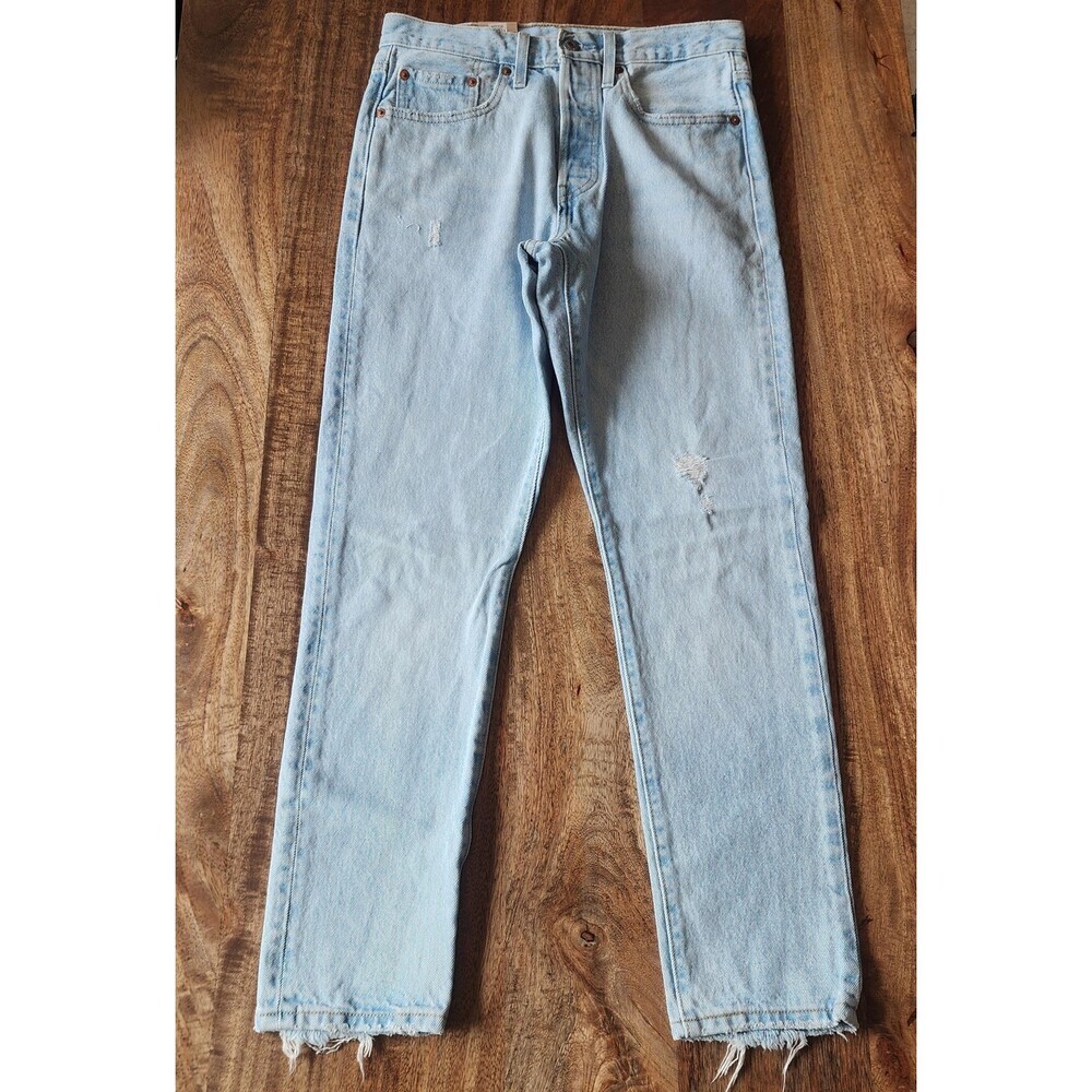 Levi's 501 S Skinny Jeans Womens 27x28 Blue Light Wash High Rise Raw Hem Denim